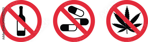 No drugs sign prohibition symbol for substance restriction warning safety notice public awareness vector design