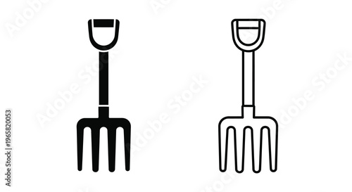 Two garden tools a pitchfork and a spade depicted in black and white