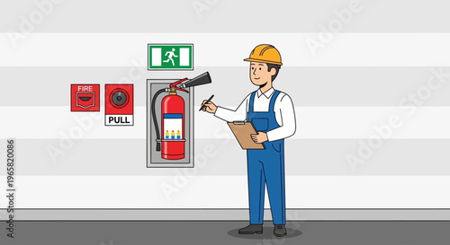 A worker inspects fire safety equipment on World Day for Health at Work