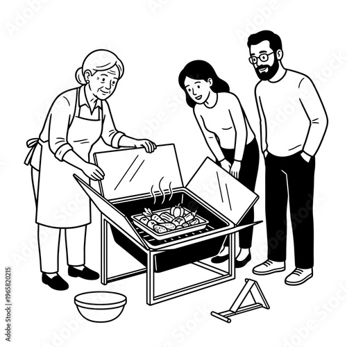 Family cooking with a solar oven outdoors