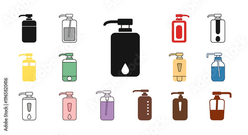 Collection of colorful soap and shampoo dispenser bottle icons.