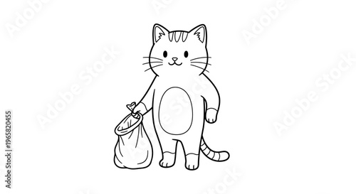 A cute cartoon cat standing upright and holding a sack in its paw, outlined in black and white.