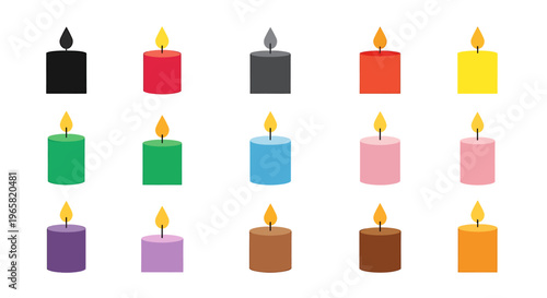 An illustration showing fifteen candles in various colors, each with a lit flame, arranged in rows.