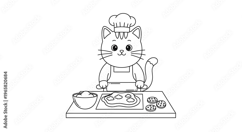 Fototapeta premium A cartoon cat wearing a chef's hat prepares food on a cutting board.