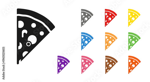 Illustration of a pizza slice in various colors on a white background.