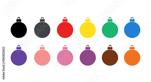 A collection of twelve colorful Christmas ornaments or baubles arranged in two rows on a white background, each with a silver cap.