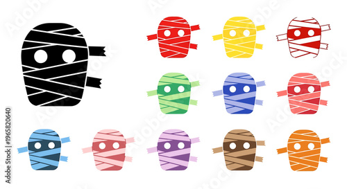 A collection of mummy illustrations in various colors, each wrapped in bandages with visible eyes.
