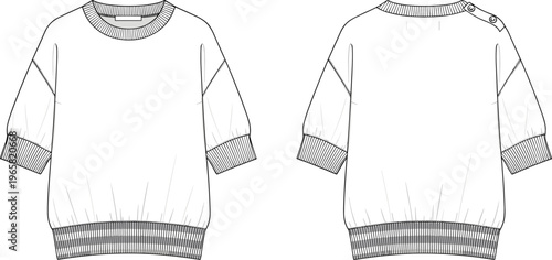 Cad drawing flat vector illustration of a blank white short sleeve sweatshirt featuring shoulder buttons with front and back views