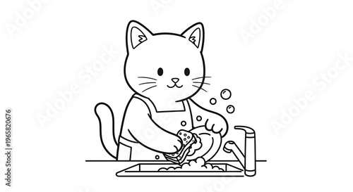 Cartoon cat wearing an apron washing dishes in a sink with bubbles.