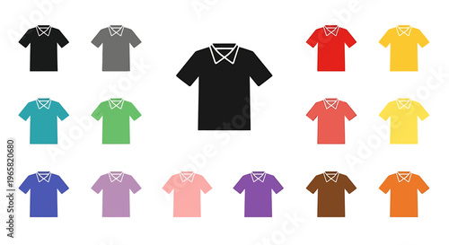 Collection of colorful polo shirts in various shades, arranged in rows on a white background.