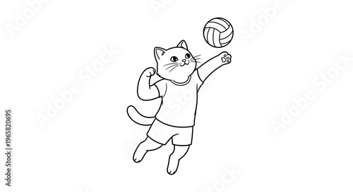 A cartoon cat wearing a t-shirt and shorts is playing volleyball, reaching up to hit the ball with its right paw.