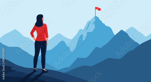 Illustration of a determined woman standing on a mountain peak looking out at a flag