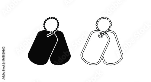 Military dog tags vector icons, black silhouette and thin line army identification tags, soldier metal name plate set on white background