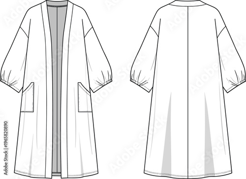 Women Long Open Front Cardigan Technical Flat Fashion Sketch, Puff Sleeve Kimono Jacket with Pockets CAD Drawing Flat Vector Illustration