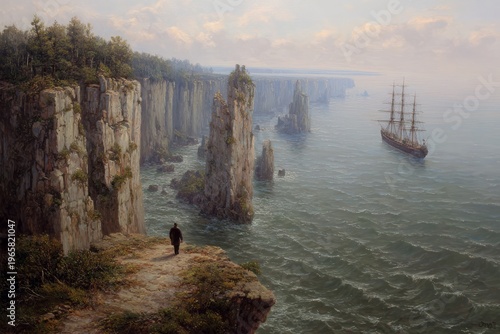 Man overlooks majestic seascape with tall cliffs and sailing ship