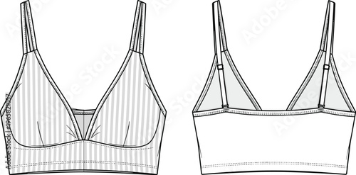 Technical Fashion Flat Sketch of a Women's Ribbed Triangle Bralette with Adjustable Straps and Front Back View, CAD Drawing Flat Vector Illustration