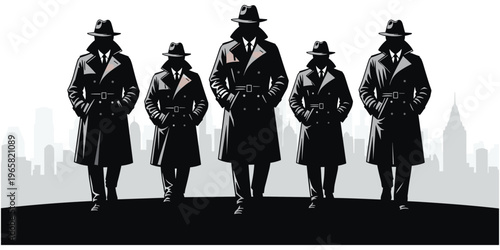 Detective silhouettes in trench coats, noir mystery scene, urban skyline background, espionage crime concept artwork, stylish design, flat vector illustration