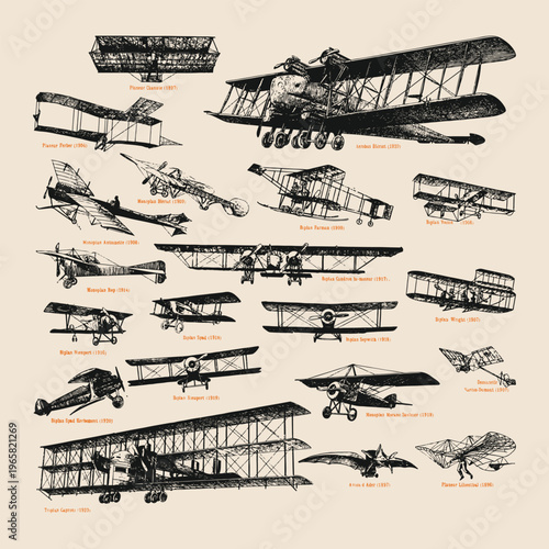 Tableau sur toile Historical airplanes icons set retro logo old vintage illustration poster templa