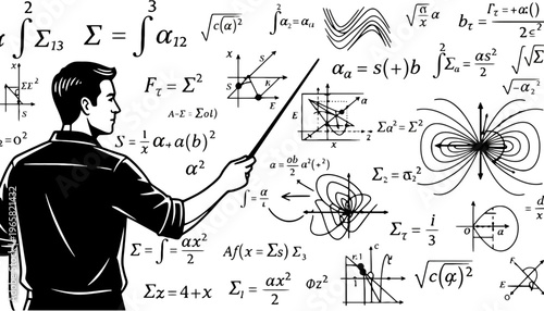 A man explaining complex mathematical equations on a blackboard with a pointer