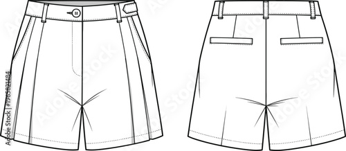 Women High Waisted Pleated Chino Shorts Technical Fashion Flat Sketch Vector Illustration Front and Back View CAD Drawing Template for Apparel