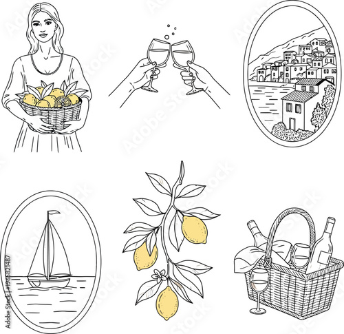 Hand-drawn Woman Shopping with Bags and Citrus Fruits in Casual Day Scene


