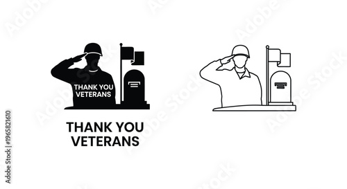 Military veteran saluting silhouette with gravestone and flags, Thank You Veterans memorial icons, patriotic soldier tribute vector set