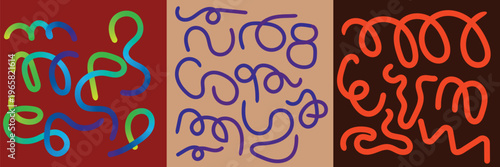 Collection of Three Abstract Panels with Colorful Tangled Lines Curly Scribbles and 3D Gradient Swirls on Vibrant Backgrounds