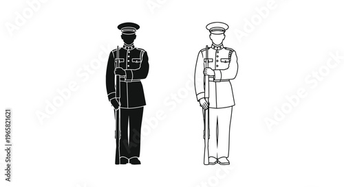 Military soldier silhouette and line art vector, ceremonial honor guard in dress uniform with rifle, army infantry man standing at attention