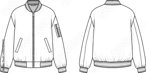 Cad drawing flat vector illustration of a blank white bomber jacket with front and back views featuring ribbed collar and cuffs