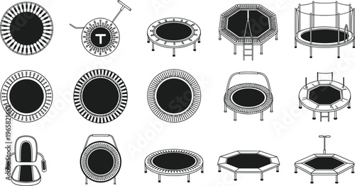 Collection of black and white vector illustrations of trampolines in different designs, circular and octagonal shapes, safety nets, exercise models, and recreational equipment concepts