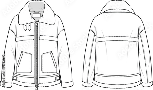 Technical Fashion Flat Sketch of a Shearling Lined Aviator Jacket with Faux Fur Collar and Front Back View, CAD Drawing Flat Vector Illustration