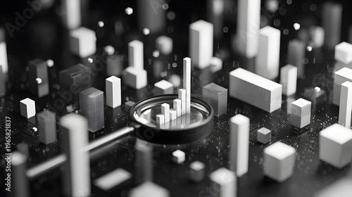Grayscale 3D illustration of abstract data visualization with magnifying glass, isolated on transparent background