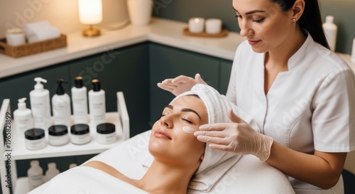 A beautician gently performs a facial massage on a woman's face. She wears a white uniform and gloves, and she is providing a relaxing skincare treatment.