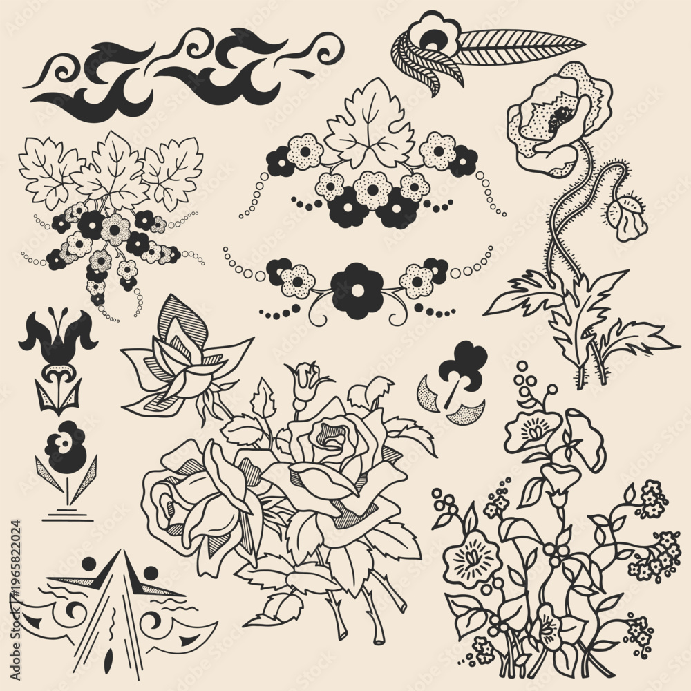 Fototapeta premium Ornamental classic flowers pattern textures art nouveau oriental vector illustrations icons set 3