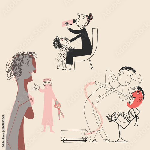 Принти на полотні Mid century retro vintage vector illustration of awful bad doctors beauty drawin