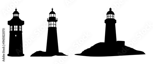 Lighthouse set with stark black silhouette on white background featuring nautical, maritime, sea with architecture and design