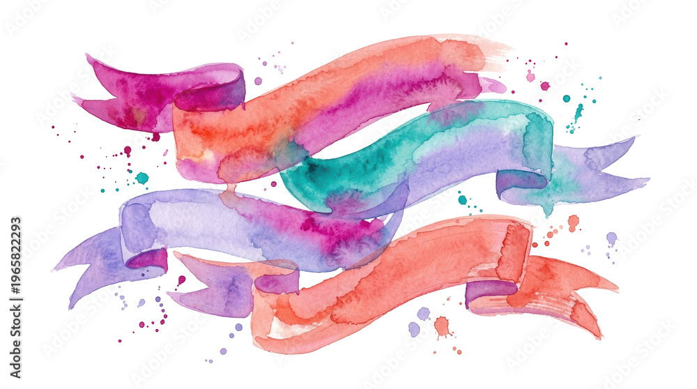 Obraz premium Watercolor ribbons with vibrant splashes of pink, purple, and coral hues