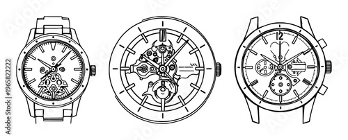 Skeleton watch face set with black line art detail and white background featuring skeleton, watch, line art with black and white and illustration