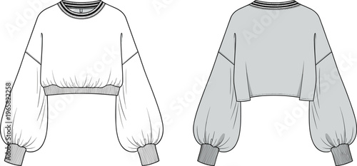 Women cropped balloon sleeve sweatshirt crew neck template front back view mockup fashion cad drawing flat vector illustration set apparel