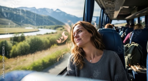 A woman looks out the window of a bus, enjoying the view of a mountain range and a river. She is wearing a gray sweater and her hair is blowing in the wind.