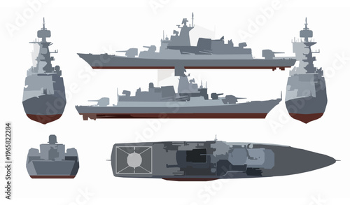 Warship vector set 3D naval ship multiple views military vessel illustration