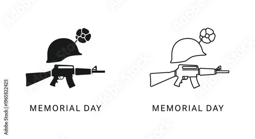 Memorial Day military icons set, fallen soldier tribute with helmet and rifle vector, patriotic remembrance day symbols in black and white