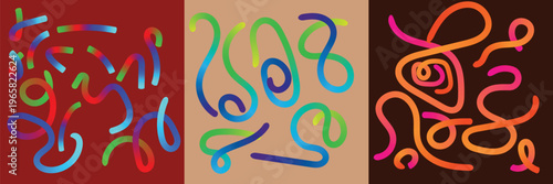 Set of Three Abstract Backgrounds with Colorful 3D Gradient Fluid Lines and Curvy Neon Shapes on Multiple Colored Bases