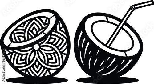 Black Vector Silhouette of Halved Coconuts with Decorative Mandala Pattern and Drinking Straw for Tropical Summer Refreshing Beverage Design Template