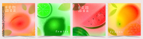 A set of Trendy vibrant cards a summer fruit gradient, blurred abstract images of tropical fruits, and a retro airbrush texture. Vector collection a grainy background and a bold seasonal color palette