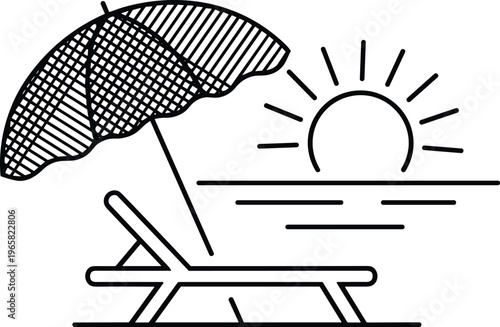 Beach sunset illustration with sun lounger and umbrella, minimalist black and white line art for summer vacation and travel, isolated