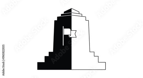 Minimalist monument icon vector, black and white architectural landmark symbol, geometric stone memorial with flag, historical tower illustration