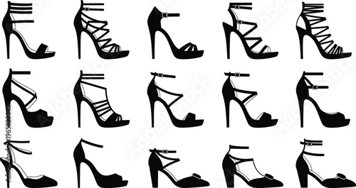 Collection of black silhouette vector illustrations of women’s high-heeled shoes, fashion footwear designs with straps, platforms, open toes, and stylish lifestyle accessory concepts