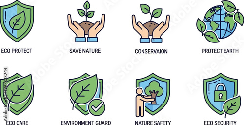 Eco Protect and Save Nature Icon Set with Environment Guard Vector