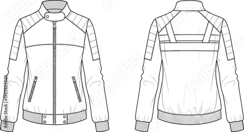 Women's Padded Biker Jacket Technical Fashion Flat Sketch Template, Full Zip Motorbike Bomber Jumper Cad Drawing Flat Vector Illustration Illustration